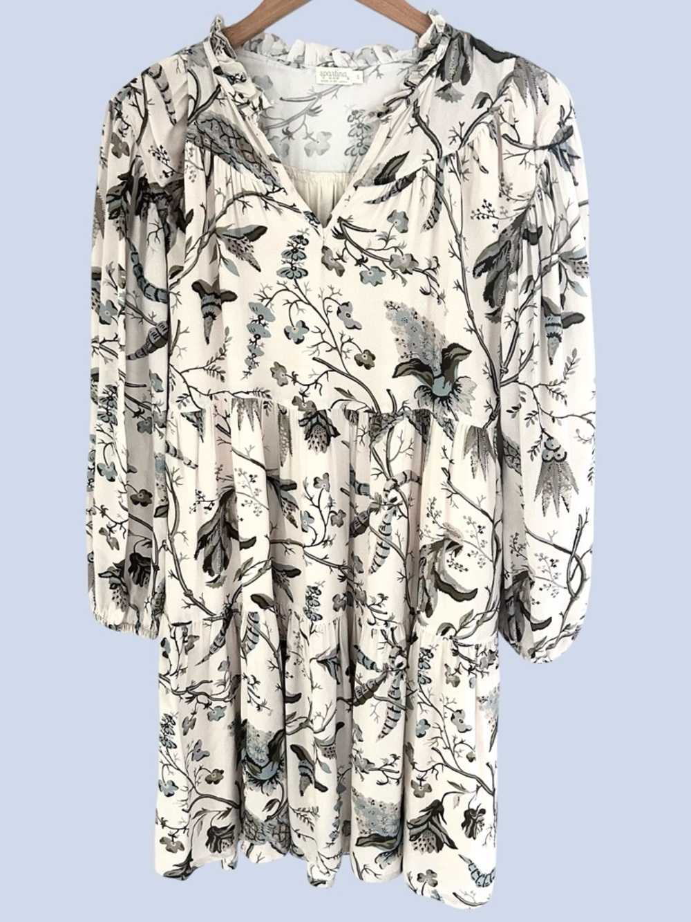 Spartina 449 Dress Beige Blue Floral Print Cottagecore Size Small